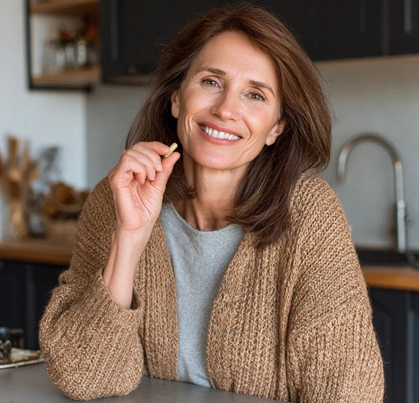 Smiling woman holding a capsule