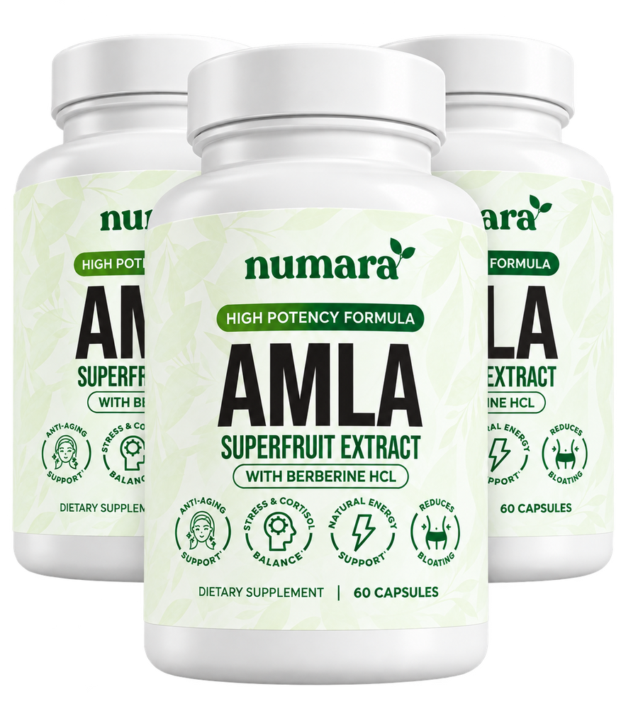 Three bottles of Numara Amla Superfruit Extract